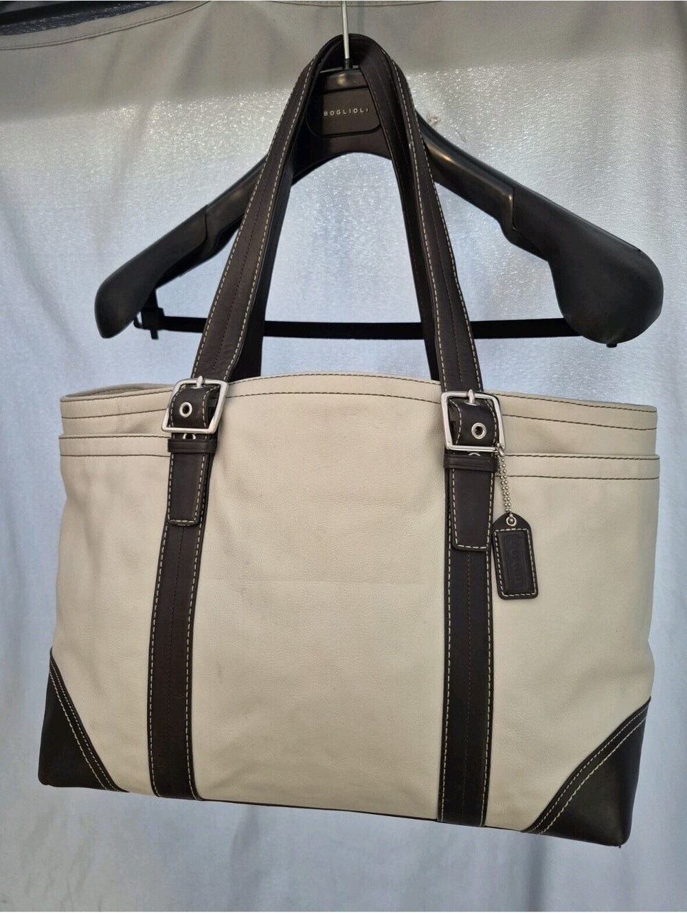 Coach Hampton Creamy White Brown Gallery Shoulder Bag Purse Diaper Tote RARE 17"
